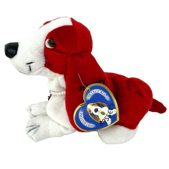 Birthstone Bassets January Red Plush Dog Pearl Necklace Red Stone Stuffed Animal - Picture 3 of 12